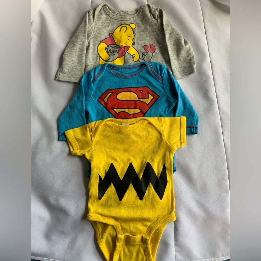 ABaby Disney 3M Winnie The Pooh Piglet Superman Charlie Brown One Piece 3 Pack.